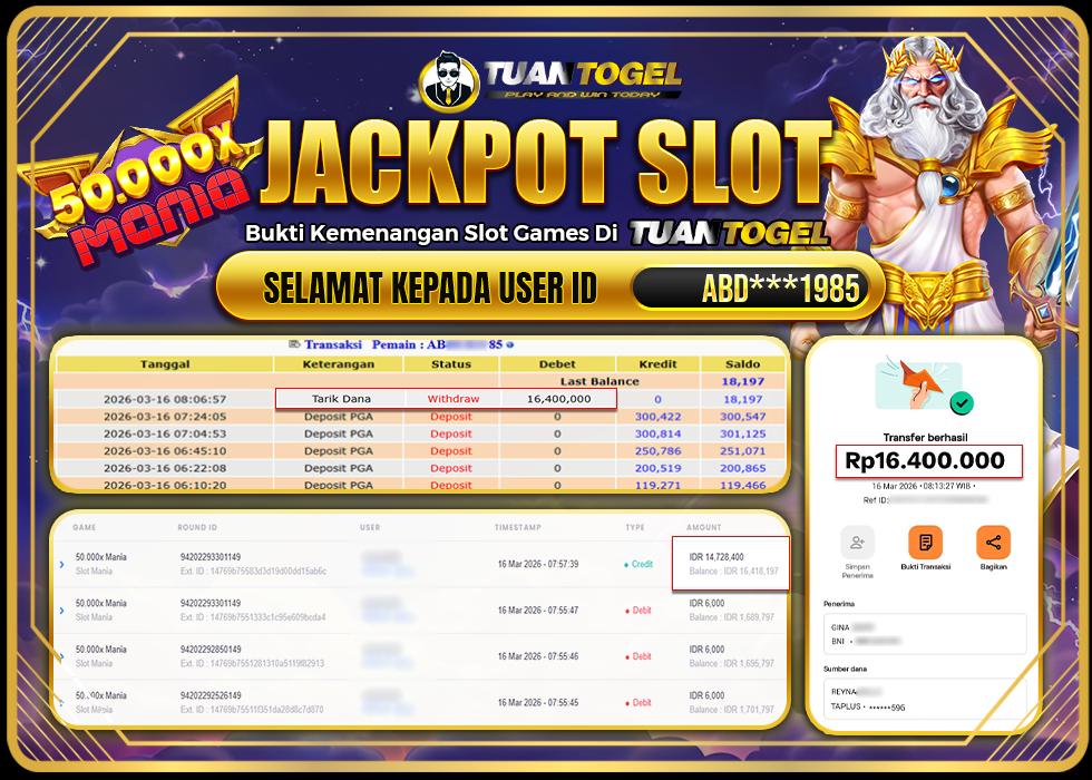 TUANTOGEL JACKPOT SLOT 50.000x MANIA Rp16.400.000, - LUNAS 
